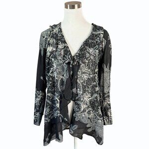 CITRON SANTA MONICA  Ruffled Silk Cardigan Womens Size L Black Flowy Elegant